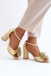 Alessira Post-Heel Leather Sandals with sculpted heel and delicate front ornament for elegant style in beige.