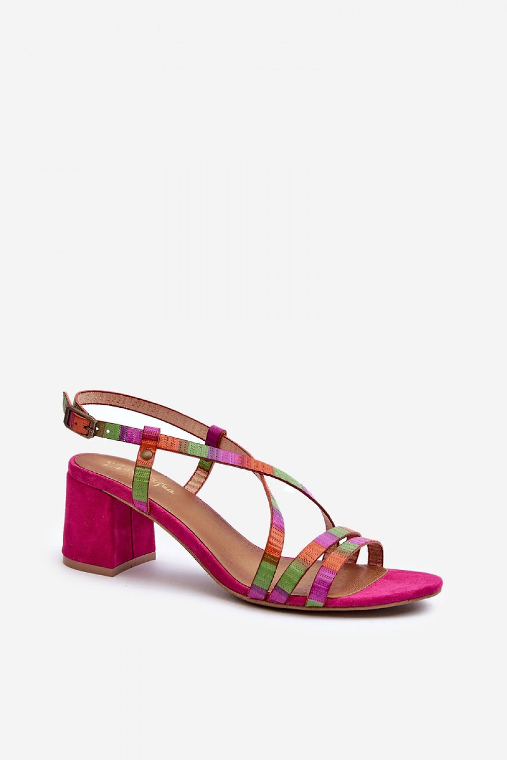 Arceline colorful leather strap sandals with mid-height heel, featuring an elegant and comfortable design for stylish wear.