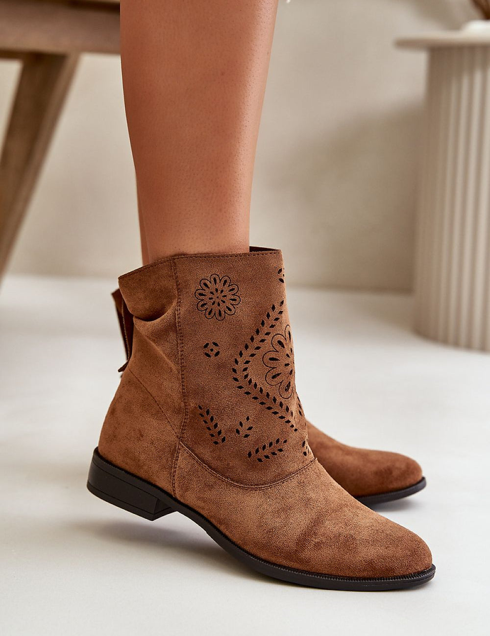 Aurelith Laceveil Suede Silhouette ankle boots with cutout detailing and side zipper, showcasing eco suede and natural leather insole.
