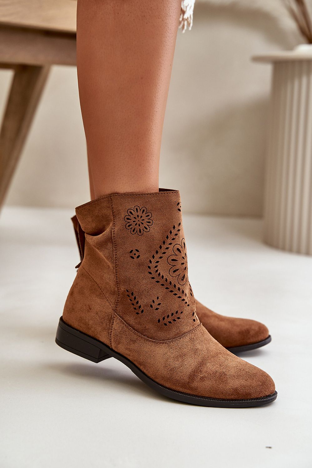 Aurelith Laceveil Suede Silhouette ankle boots with cutout detailing and side zipper, showcasing eco suede and natural leather insole.