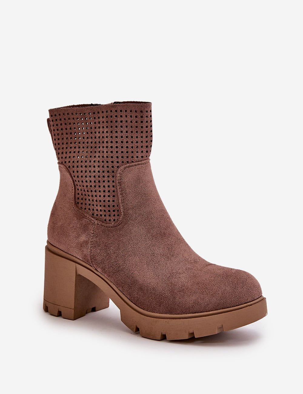 Noralune Steadylift eco suede ankle boots with block heel, featuring a perforated design and side zipper for autumn and winter styling.