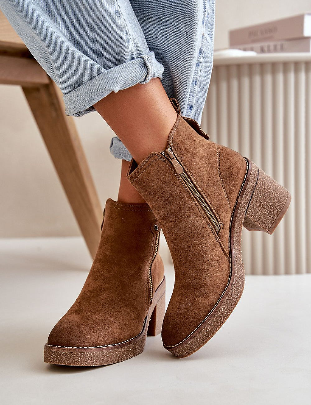 Sylmara Hearthstep eco-suede ankle boots with block heel, rounded toe, and side zipper for comfort and warmth in autumn style.