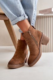 Sylmara Hearthstep eco-suede ankle boots with block heel, rounded toe, and side zipper for comfort and warmth in autumn style.