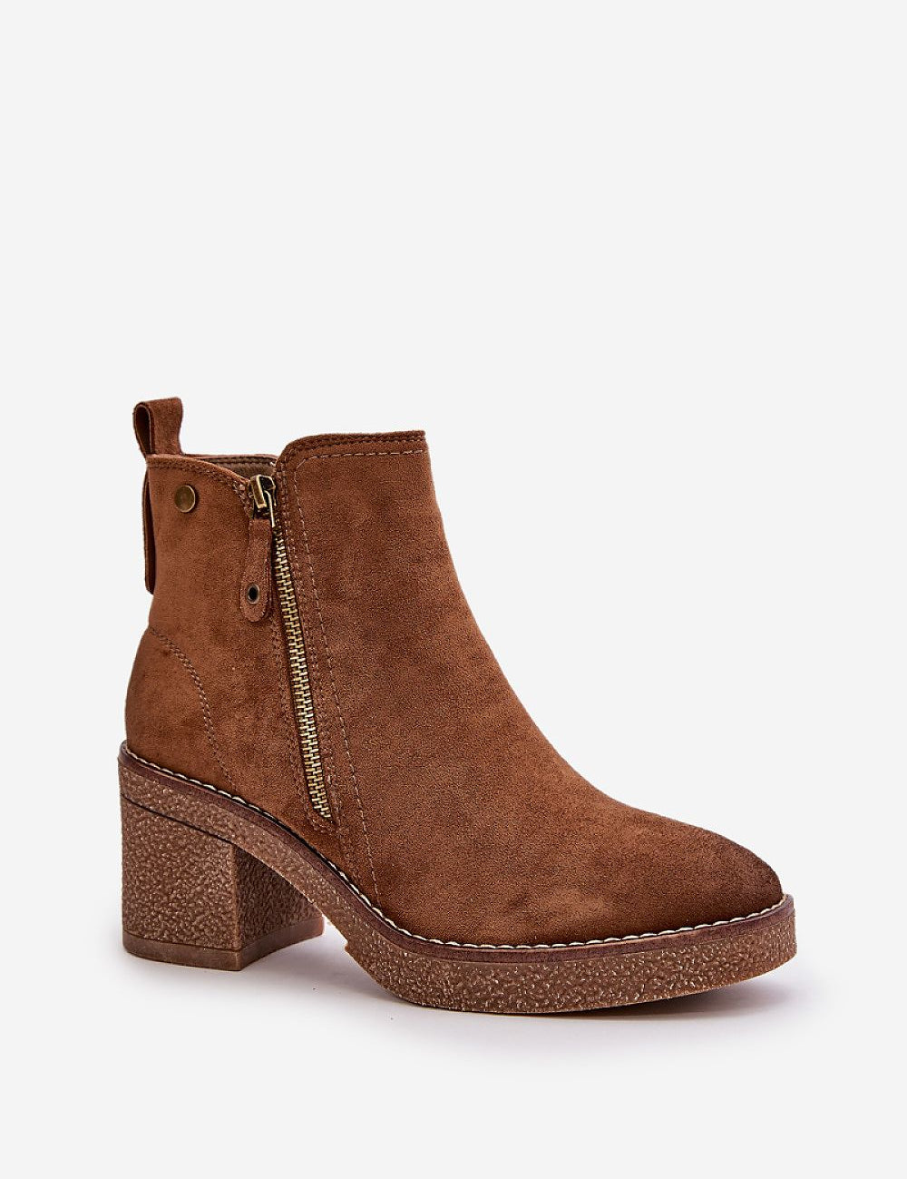 Sylmara Hearthstep Suede Frame ankle boots with warm lining, block heel, and side zipper in brown eco suede for autumn and winter fashion.