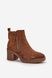 Sylmara Hearthstep Suede Frame ankle boots with warm lining, block heel, and side zipper in brown eco suede for autumn and winter fashion.