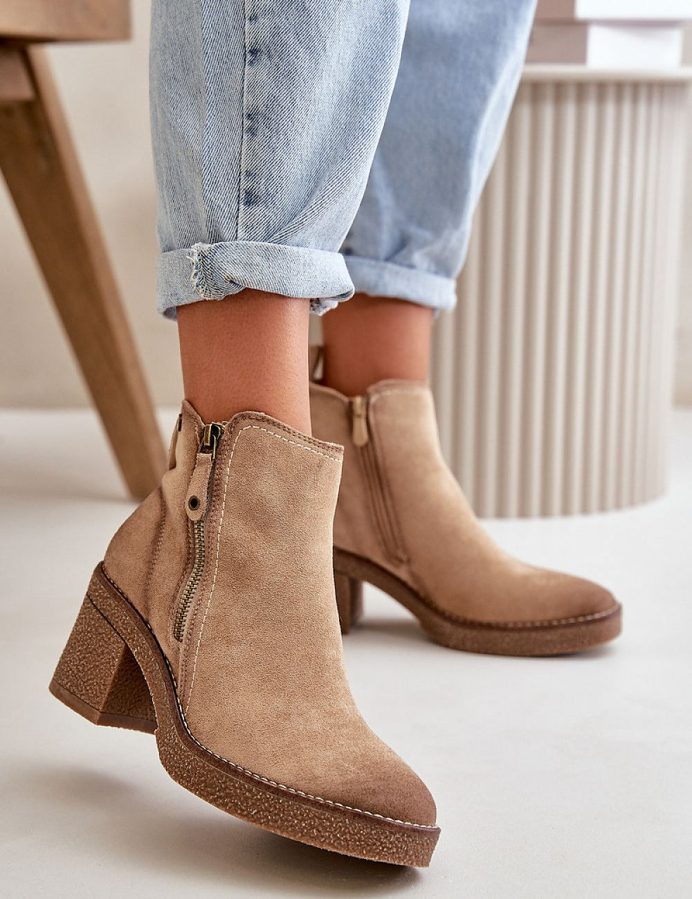 Sylmara Hearthstep eco suede ankle boots with block heel and side zipper, warm lining for autumn and winter comfort.