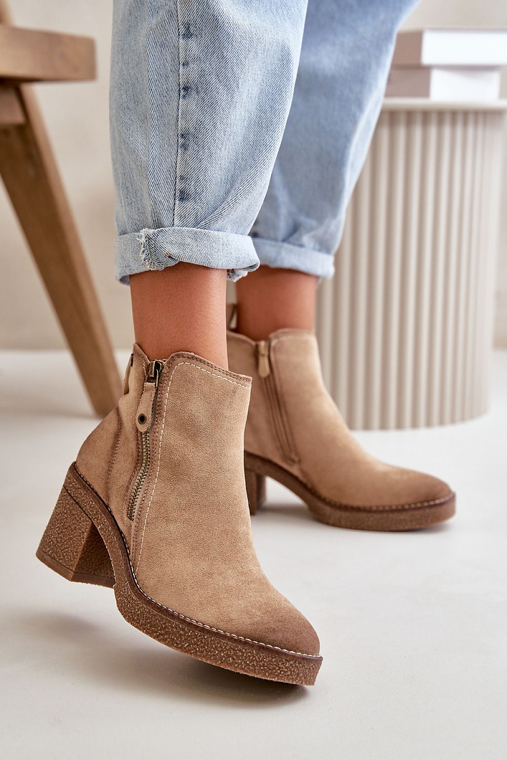 Sylmara Hearthstep eco suede ankle boots with block heel and side zipper, warm lining for autumn and winter comfort.