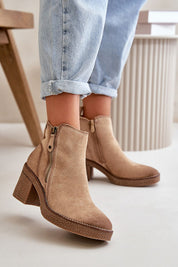 Sylmara Hearthstep eco suede ankle boots with block heel and side zipper, warm lining for autumn and winter comfort.