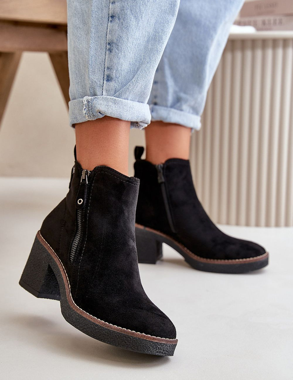 Sylmara Hearthstep suede ankle boots with block heel, featuring eco-suede and side zipper on a light background.