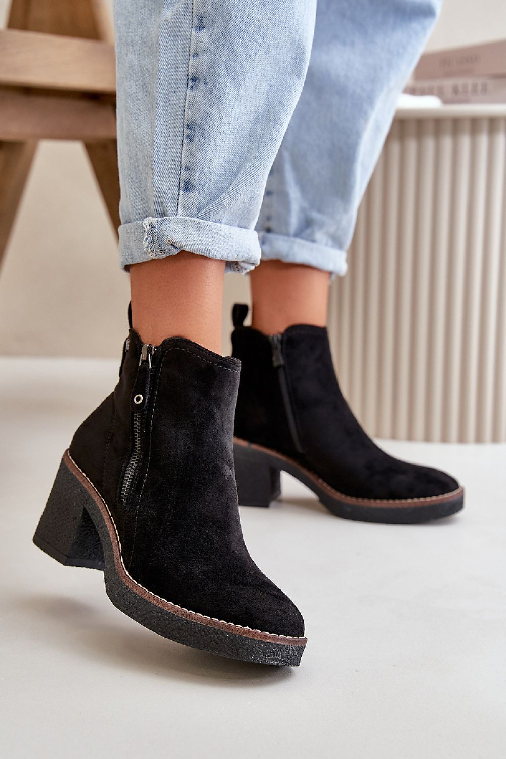 Sylmara Hearthstep suede ankle boots with block heel, featuring eco-suede and side zipper on a light background.