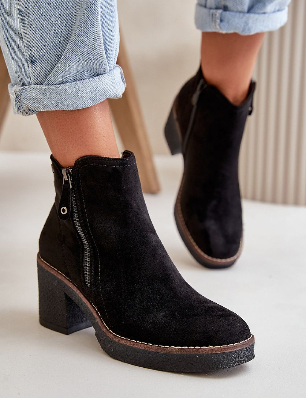 Sylmara Hearthstep eco suede ankle boots with block heel and side zipper for autumn and winter, providing warmth and style.