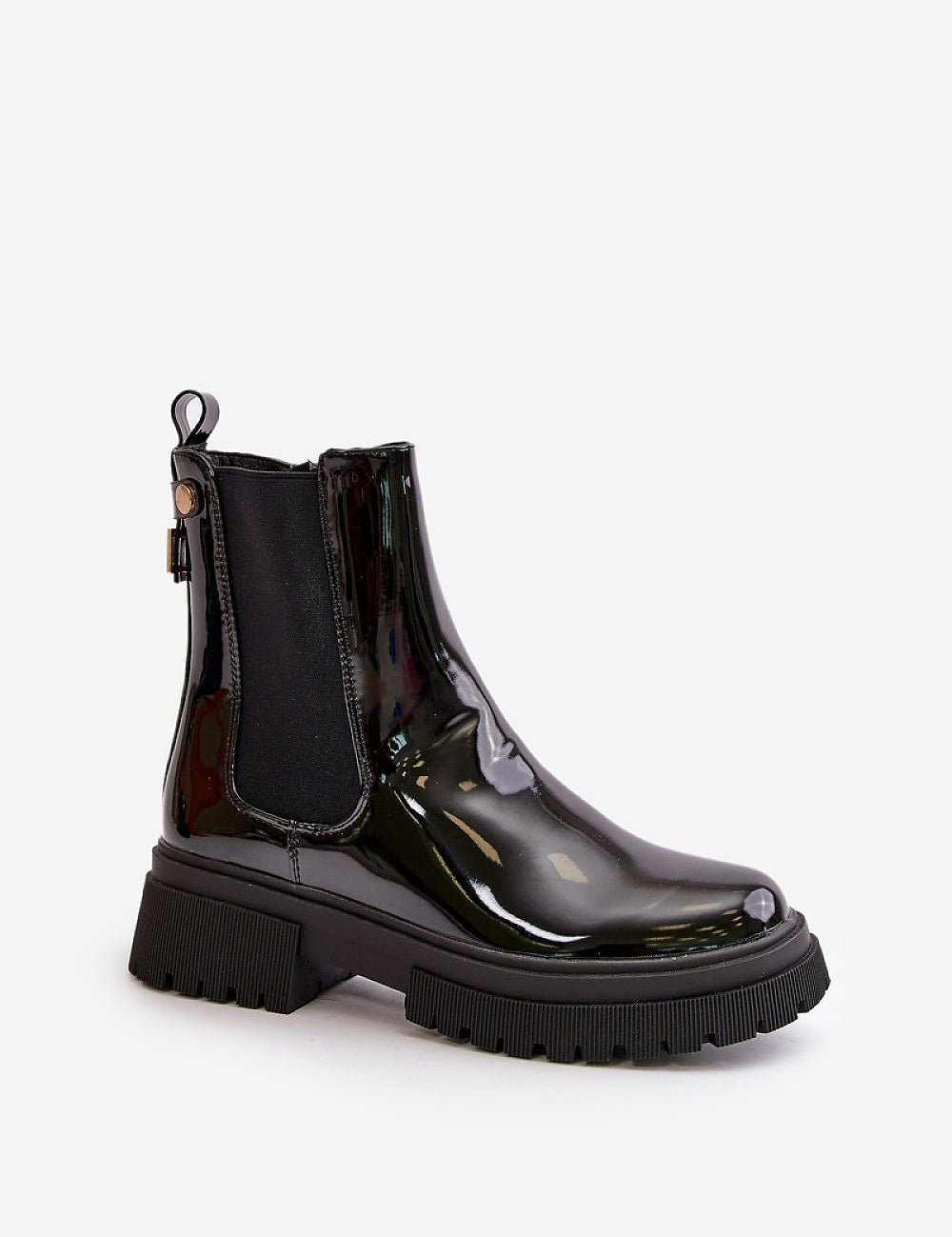 Merivelle Gildflare Lacquer Line ankle boot in high-gloss eco leather with golden accent and side zipper on a stable platform.