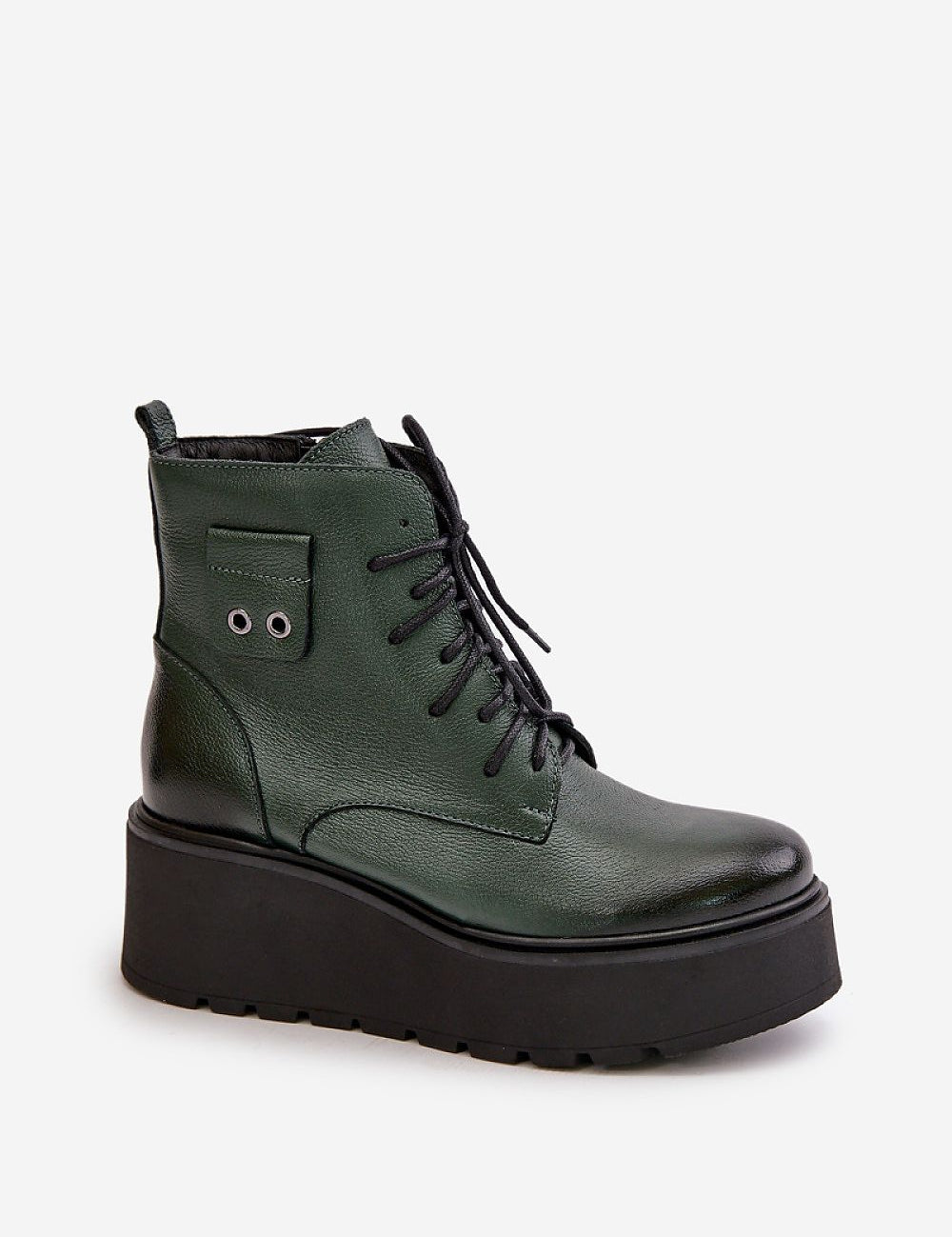 Tharvene Ridgewarm buskin ankle boots in green leather with high wedge and grooved platform, felt-lined interior, and side zipper