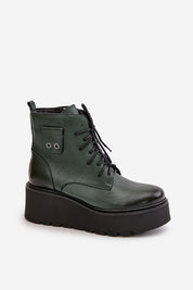 Tharvene Ridgewarm buskin ankle boots in green leather with high wedge and grooved platform, felt-lined interior, and side zipper