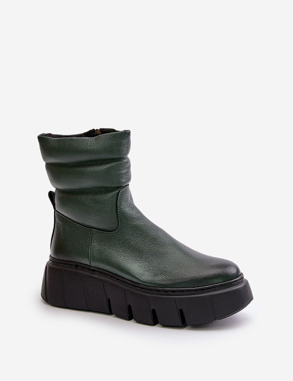 Orravelle Risefold Leather Balance ankle boot in green with a wedge platform and side zipper, offering comfort and modern style.