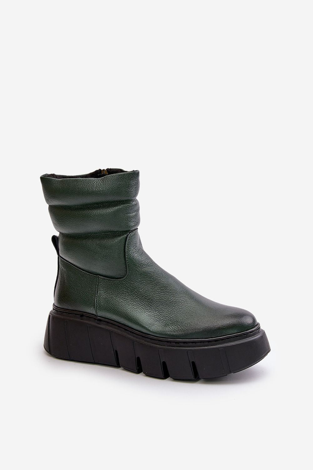 Orravelle Risefold Leather Balance ankle boot in green with a wedge platform and side zipper, offering comfort and modern style.