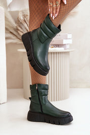 Orravelle Risefold Leather Balance ankle boots in green leather with wedge platform, felt lining, and side zipper detail.