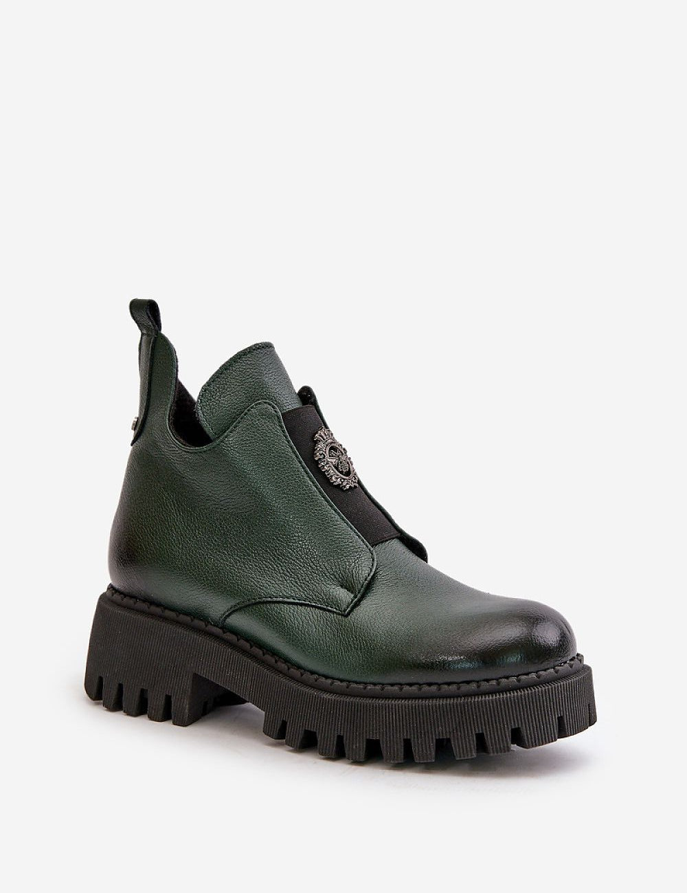 Virelsa Cresthold Leather Form ankle boot with chunky heel, grooved platform, and decorative front embellishment in green leather.