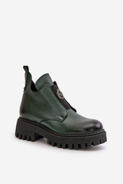 Virelsa Cresthold Leather Form ankle boot with chunky heel, grooved platform, and decorative front embellishment in green leather.