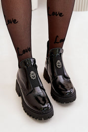 Virelsa Cresthold Leather Form ankle boots with chunky heel and platform, featuring sculptural embellishment and elastic insert.