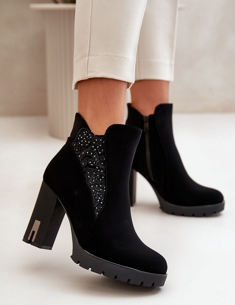 Elarayne Crestveil Midnight Rise eco-leather ankle boots with embroidery, high heel, and side zipper for stylish winter comfort.