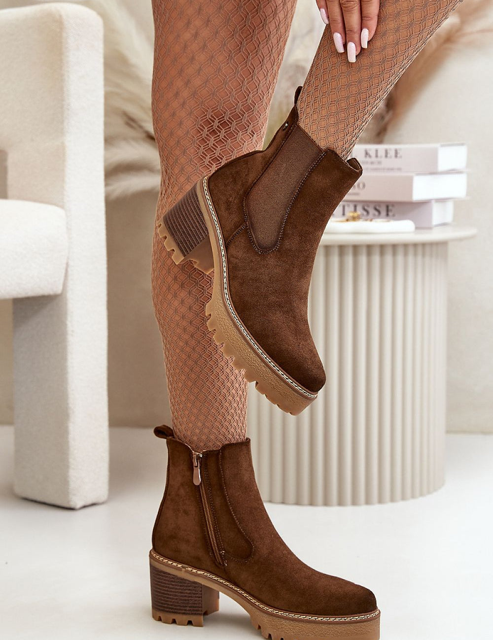 Velmorin suede block heel boots with eco-friendly material, fleece lining, and side-zip closure for autumn and winter style.