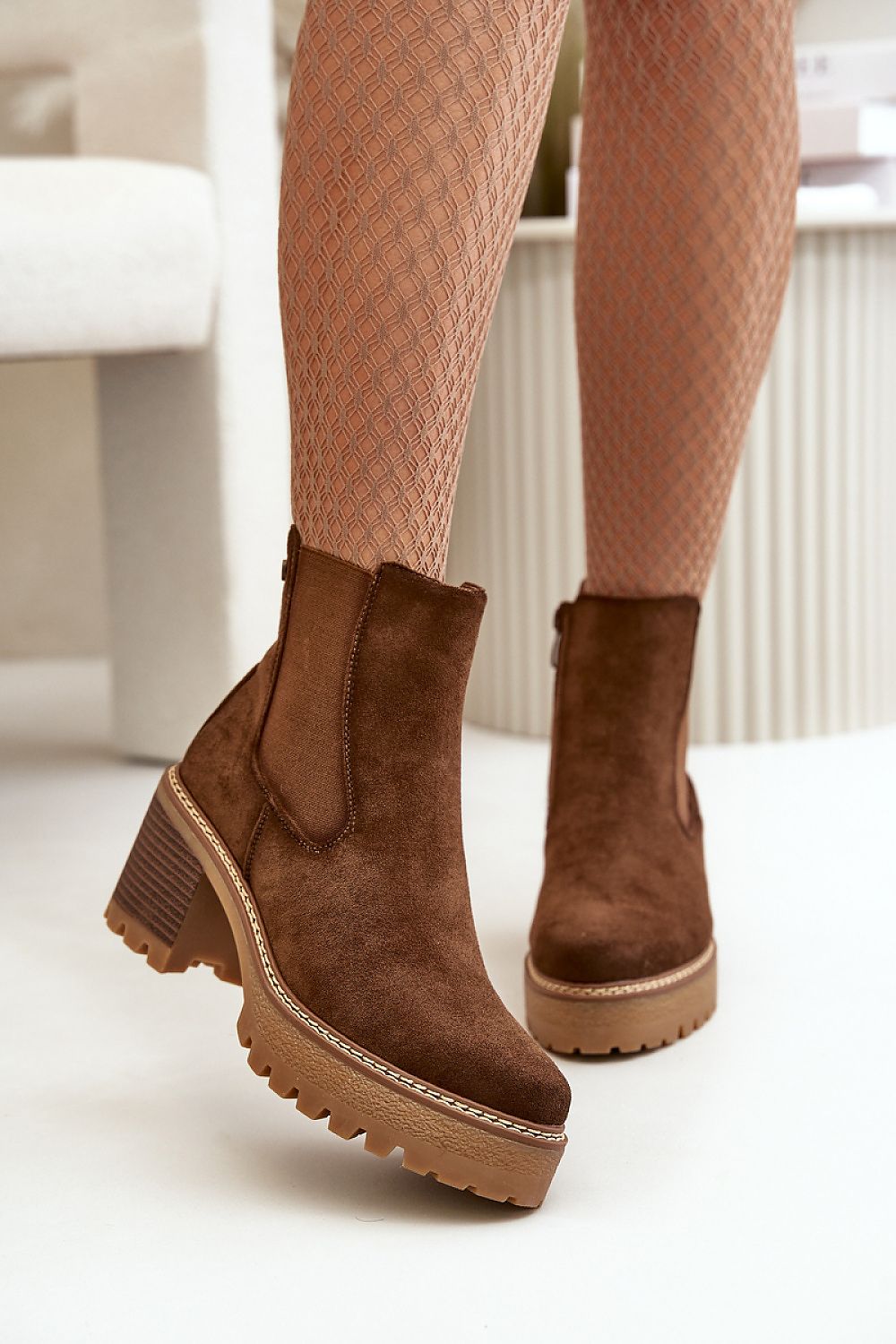 Velmorin Suede Block Heel Boots with eco-suede finish, featuring a block heel and side-zip closure for comfort in autumn and winter.