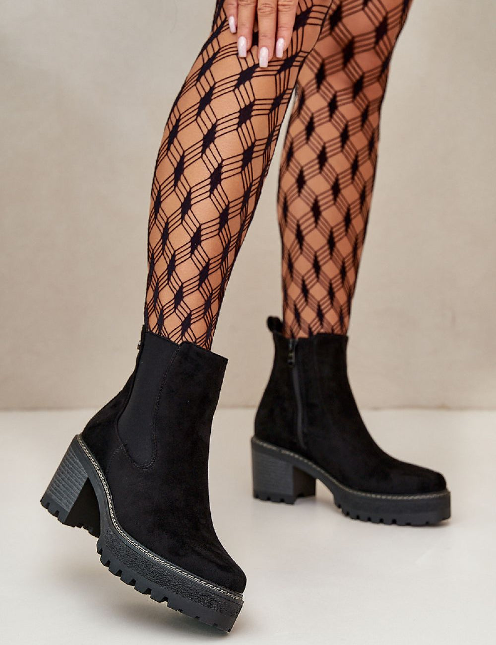 Velmorin Suede Block Heel Boots with eco-suede finish, stable block heel, and side-zip, perfect for autumn and winter fashion.