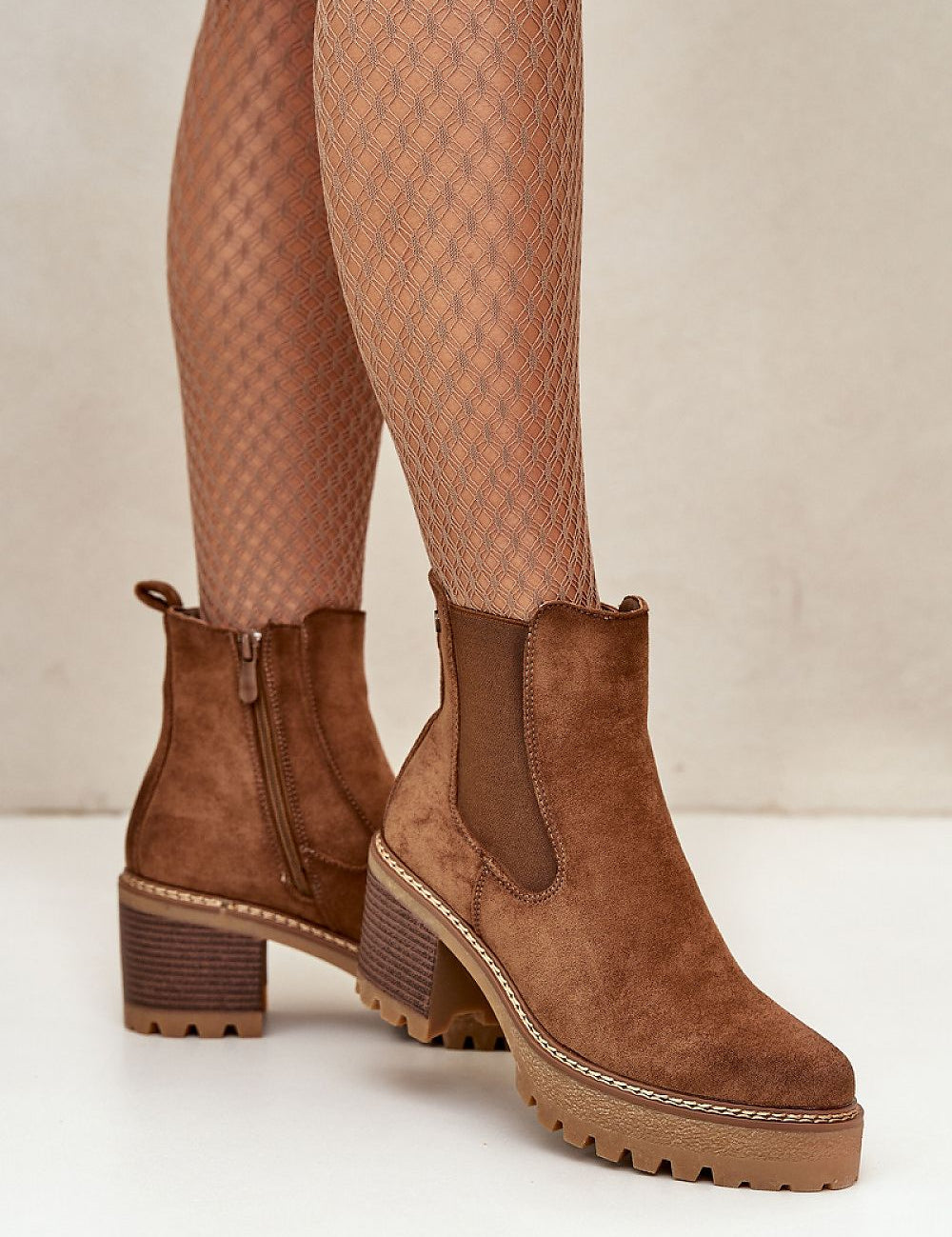 Velmorin Suede Block Heel Boots in brown eco-suede with side-zip and block heel, perfect for autumn and winter fashion.