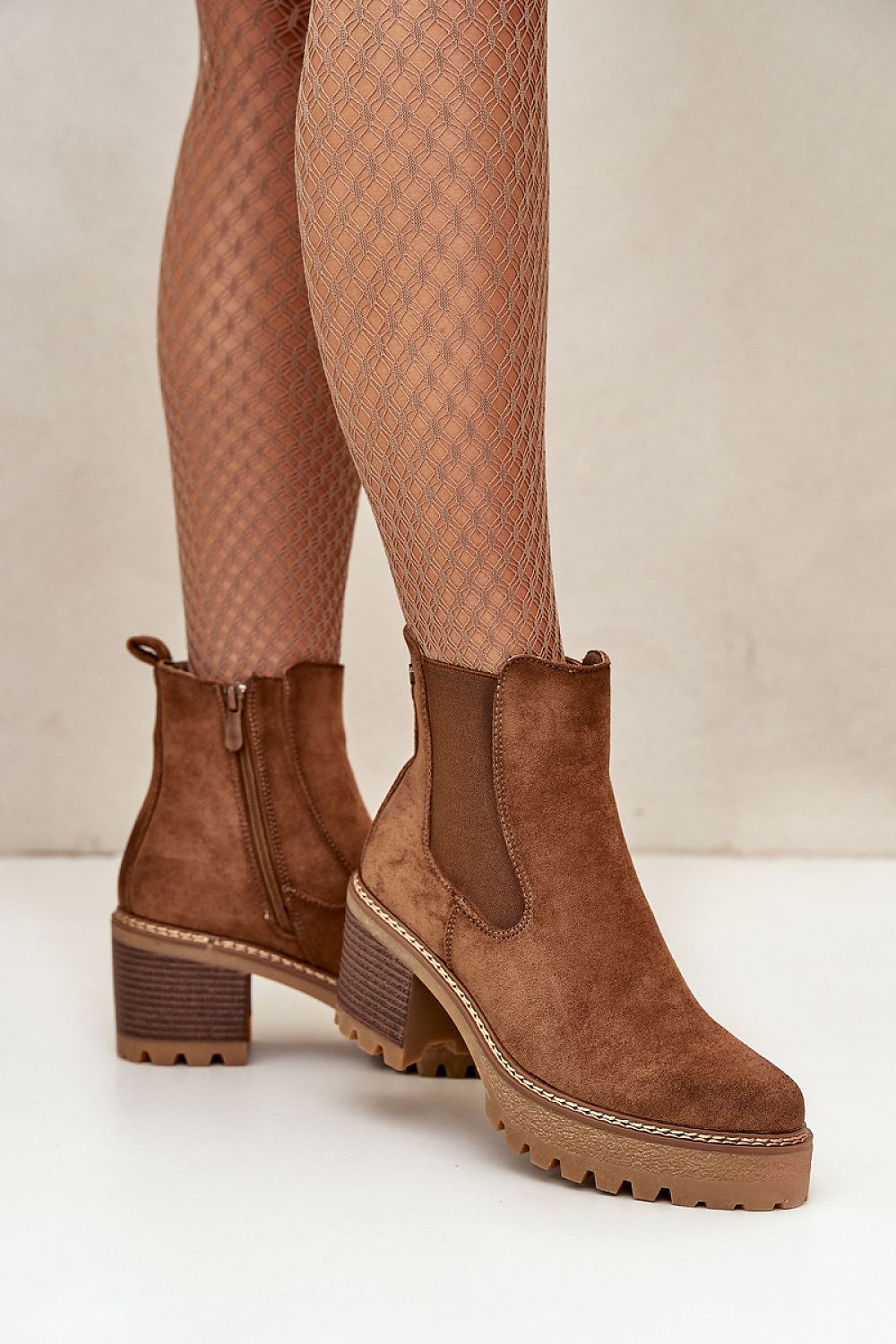 Velmorin Suede Block Heel Boots in brown eco-suede with side-zip and block heel, perfect for autumn and winter fashion.