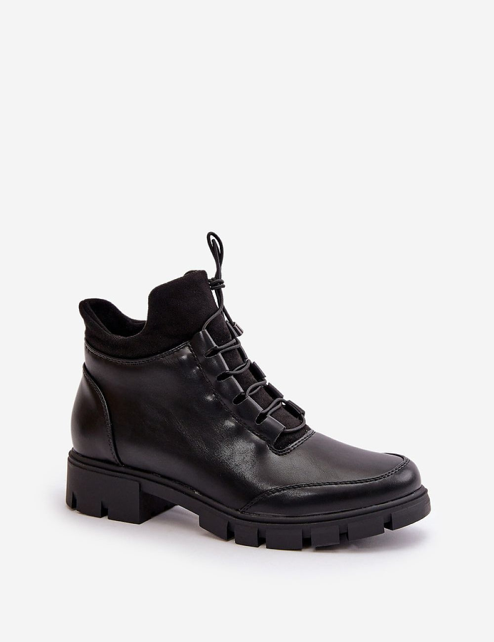 Narella Softcord Urban Base black eco leather ankle boots with warm lining, classic lacing, side zipper, and flat heel for comfort and style.