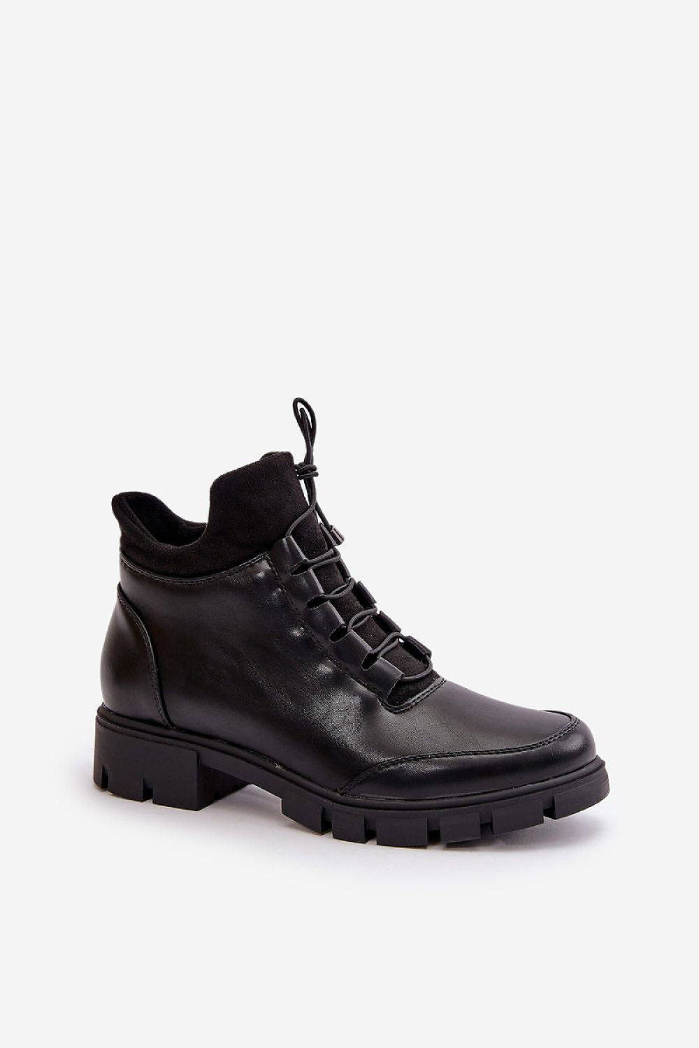 Narella Softcord Urban Base black eco leather ankle boots with warm lining, classic lacing, side zipper, and flat heel for comfort and style.