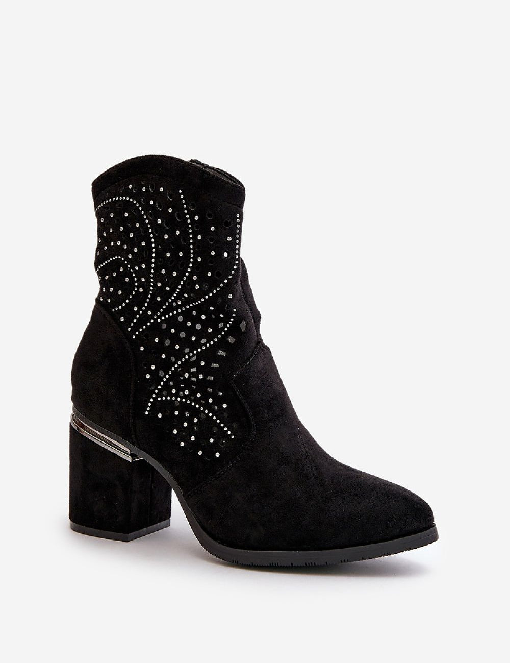 Black eco suede ankle boots with block heel, front lacing, and side zipper, ideal for versatile, elegant styling.