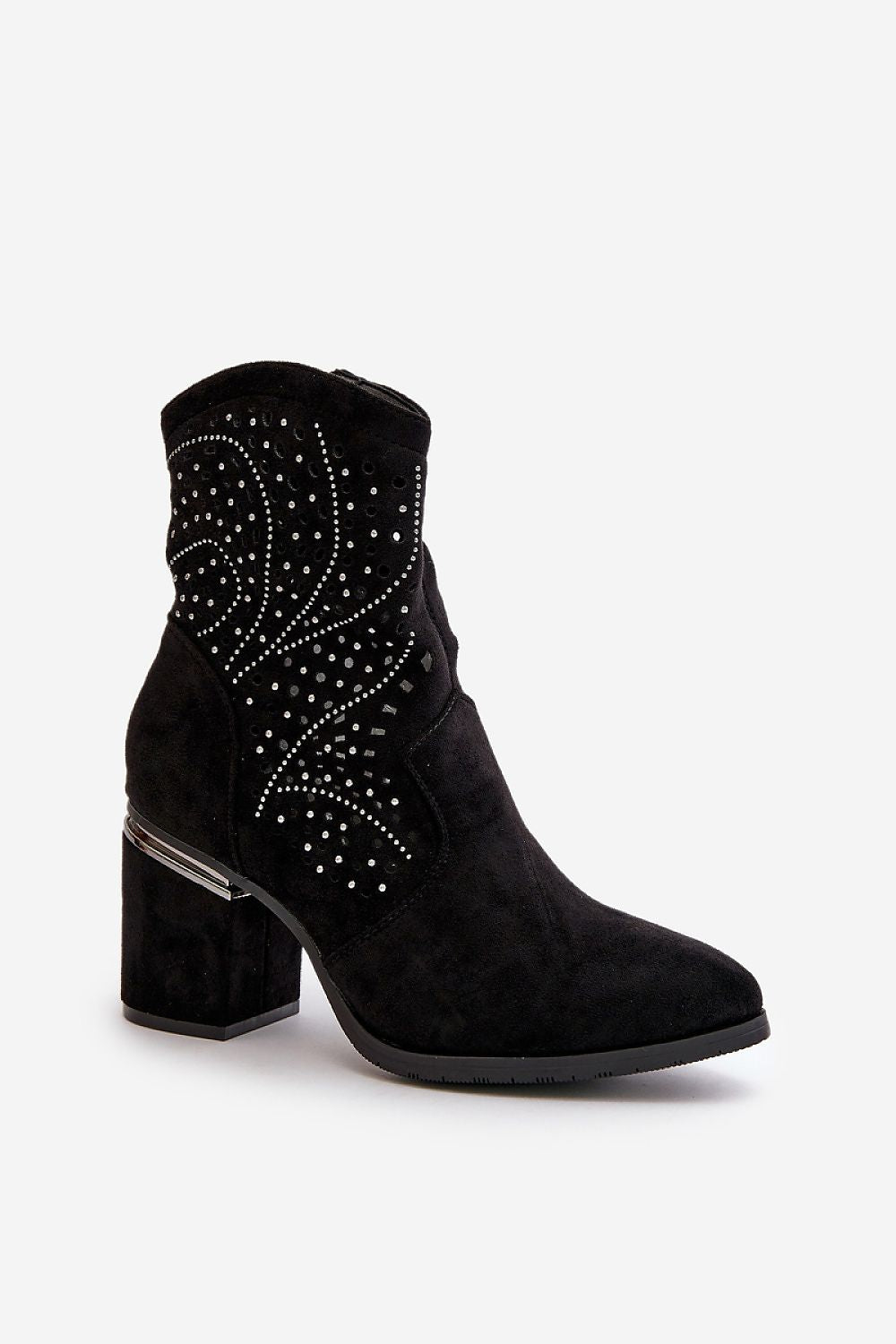 Black eco suede ankle boots with block heel, front lacing, and side zipper, ideal for versatile, elegant styling.
