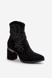Black eco suede ankle boots with block heel, front lacing, and side zipper, ideal for versatile, elegant styling.