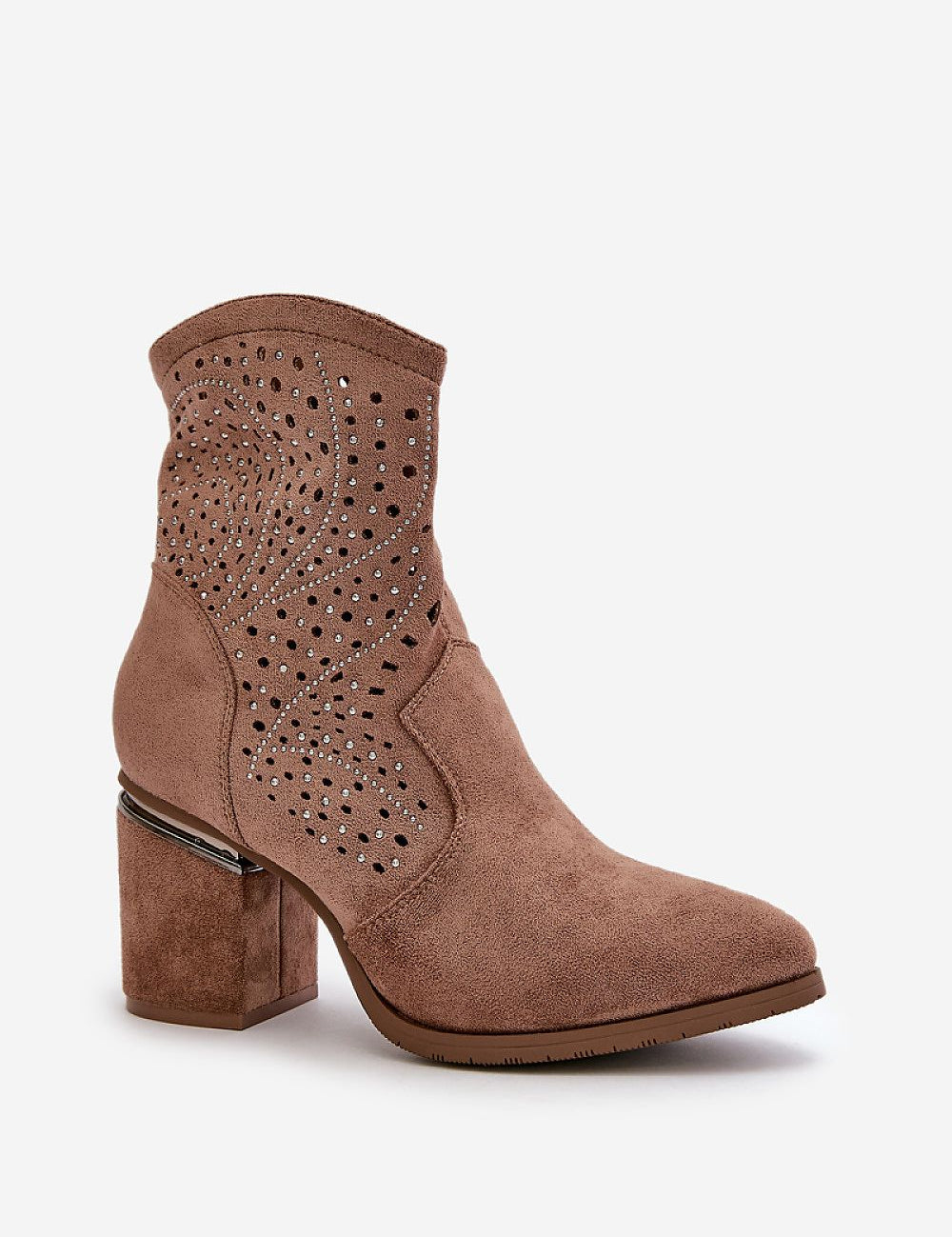 Sylvaren Lacedrift Velvet Rise ankle boots with eco suede, pointed toe, block heel, front lacing, and side zipper, stylish brown design.