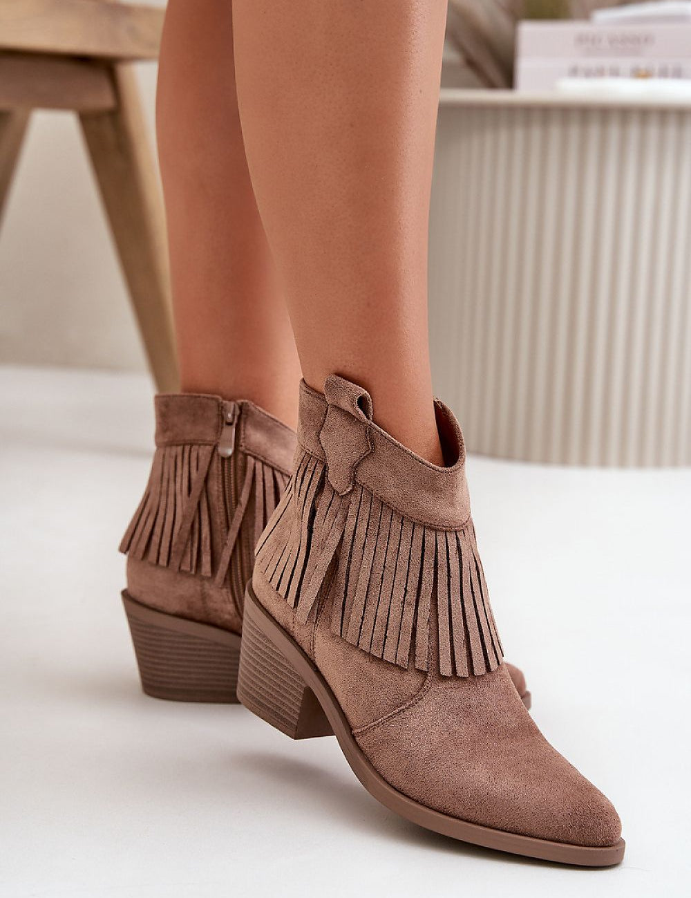 Thessara Fringeveil ankle boots with pointed toes, eco suede, and fringe detail, perfect for autumn style with stiletto heel.
