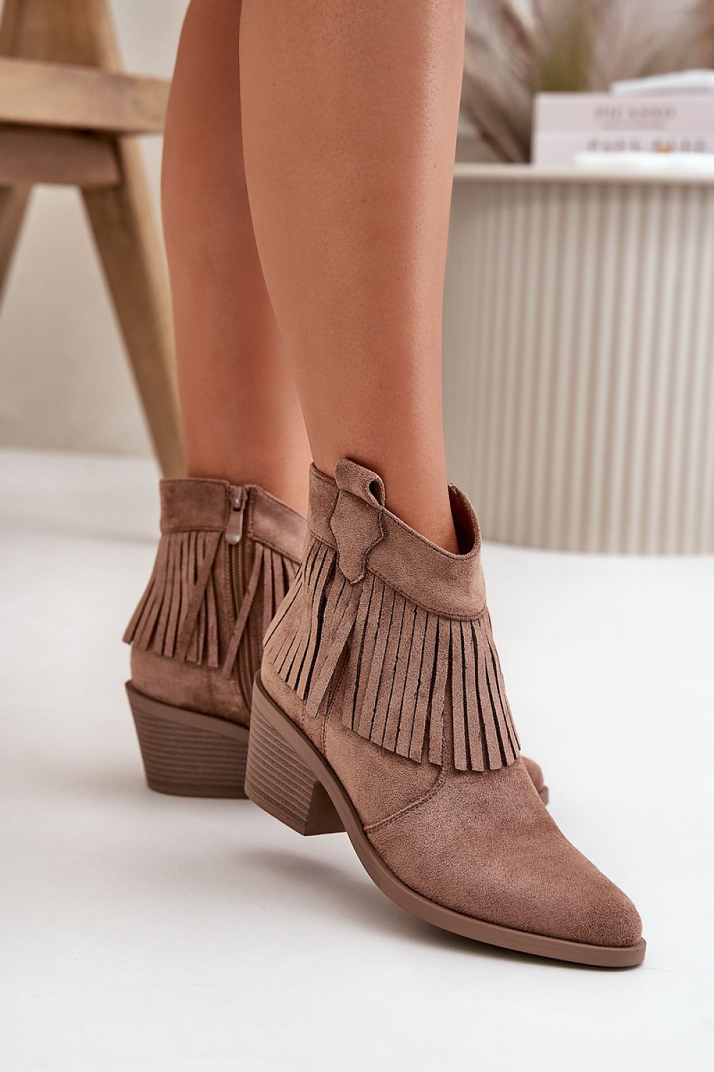 Thessara Fringeveil ankle boots with pointed toes, eco suede, and fringe detail, perfect for autumn style with stiletto heel.