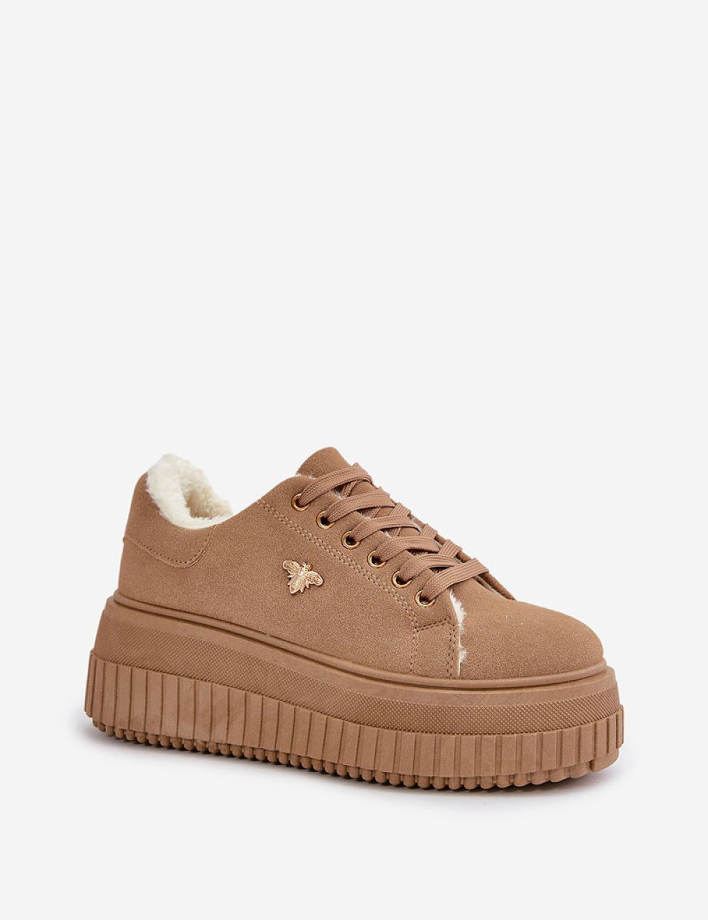 Verona Platform Sneakers with fur lining and gold accent, featuring imitation suede, round toes, and high platform for winter comfort.