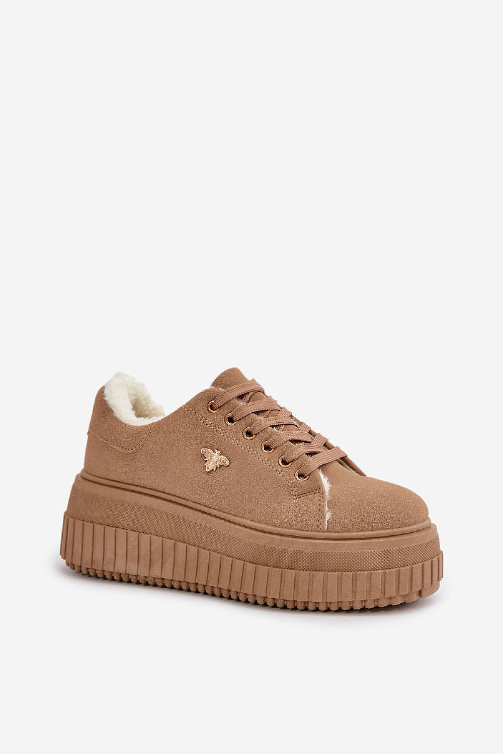 Verona Platform Sneakers with fur lining and gold accent, featuring imitation suede, round toes, and high platform for winter comfort.