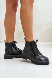 Shiny black ankle boots with side zipper and lace-up front, featuring a glitter heart embellishment and rhinestone trim.