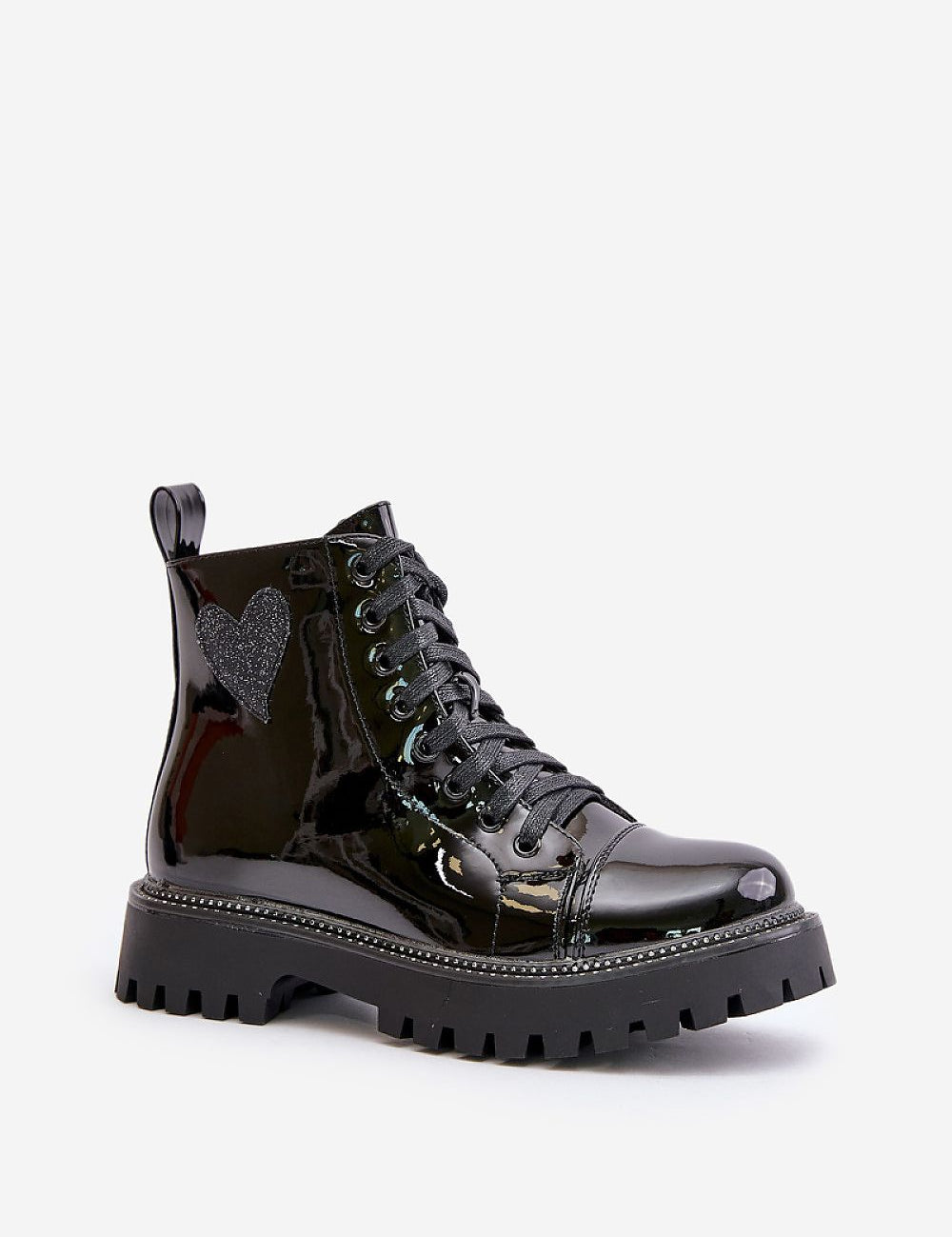 Vellora Glitter Heart Ankle Boots with side zipper and rhinestone trim on chunky sole in glossy black eco leather.