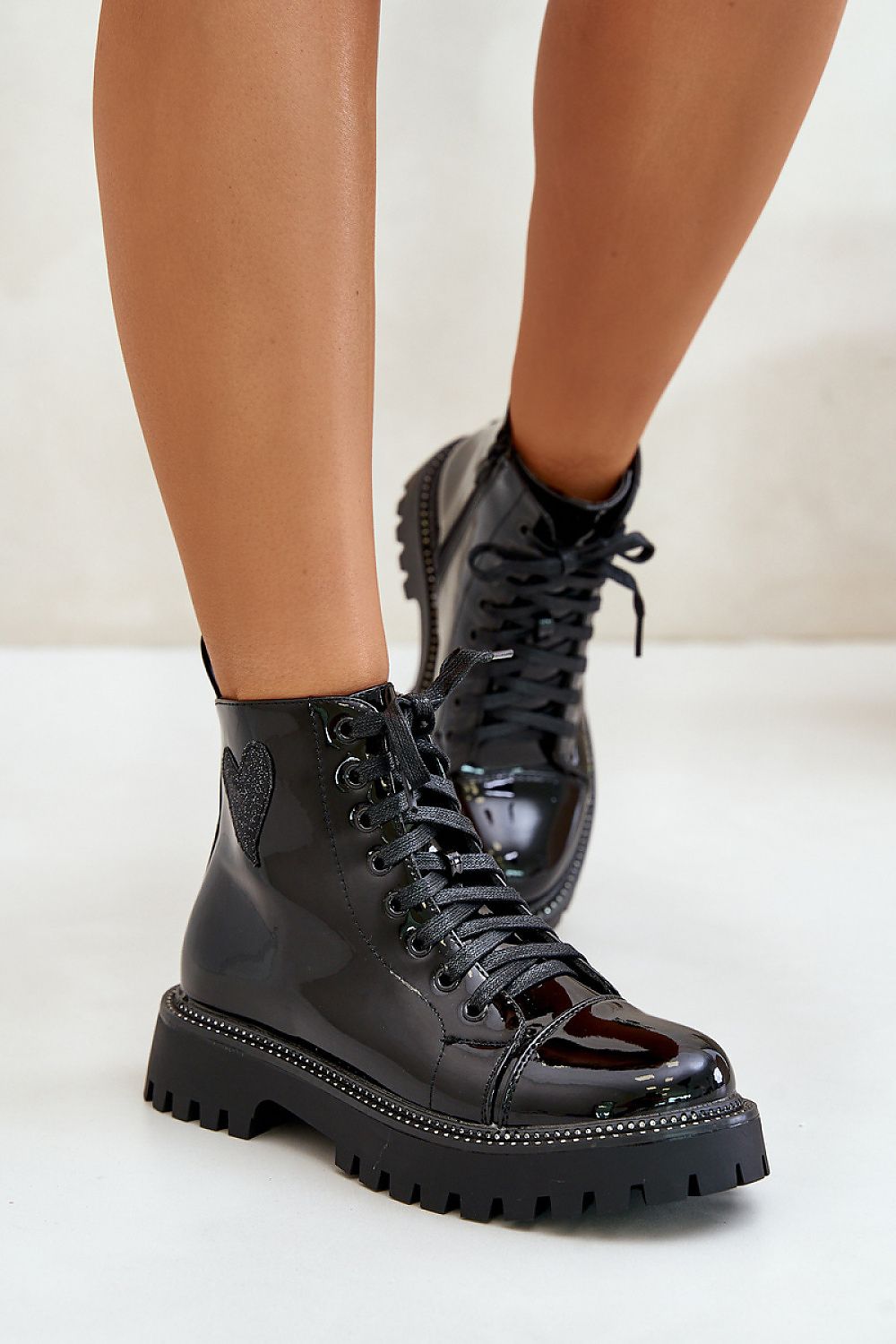 Vellora Glitter Heart Ankle Boots in black with eco leather, rhinestone trim, rounded toe, and side zipper on white background.