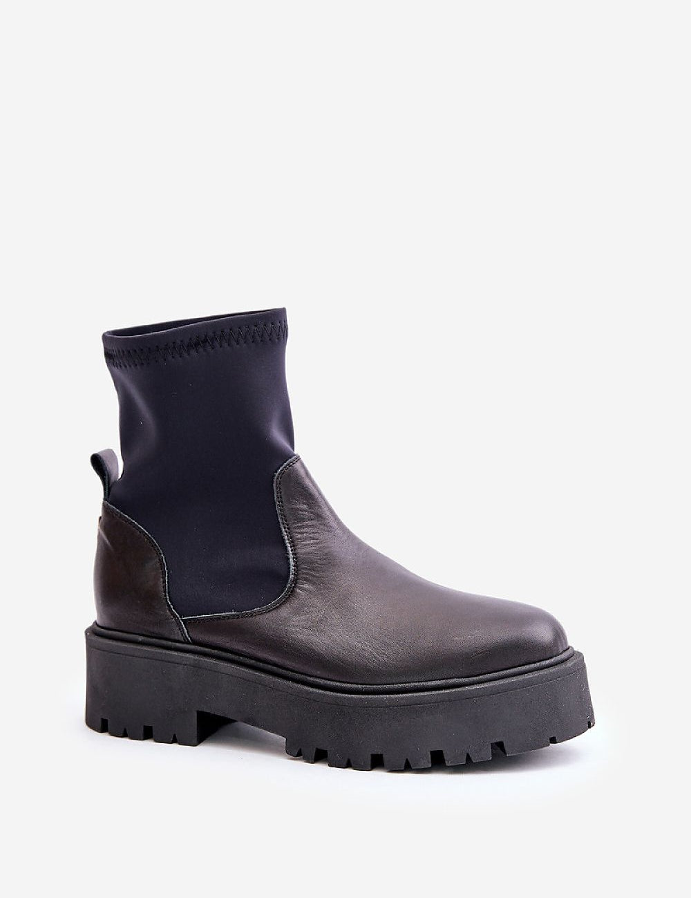 Venire Leather Platform Pull-On Boots with ankle-high silhouette, genuine leather, stable flat heel, and rounded toe.