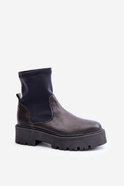 Venire Leather Platform Pull-On Boots with ankle-high silhouette, genuine leather, stable flat heel, and rounded toe.