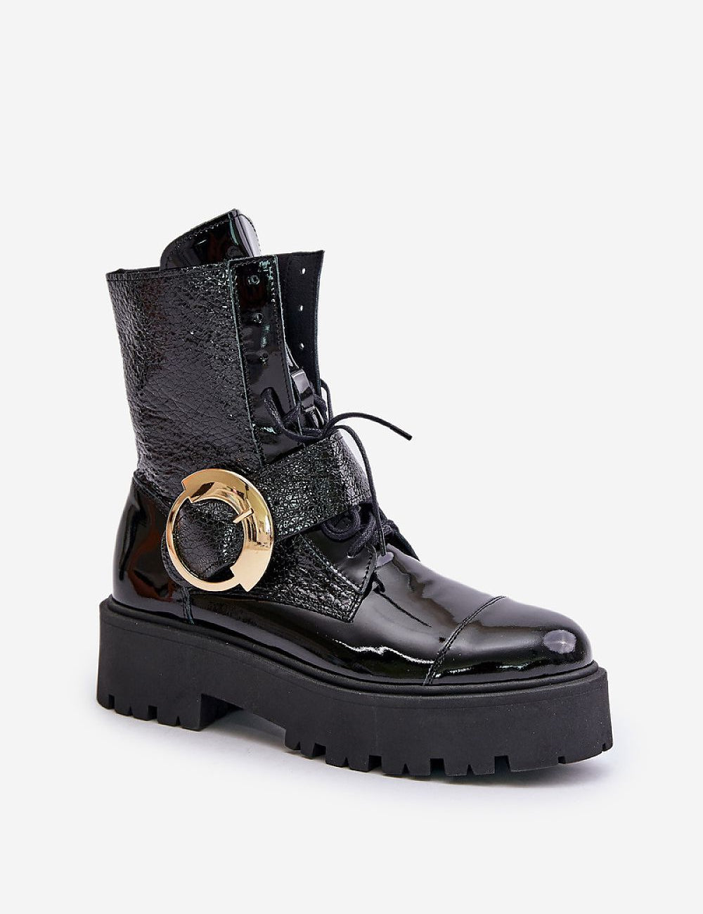Bravora Leather Buckled Platform Boots with gold buckle, black patent finish, side zipper, lace-up front, and stable platform heel.