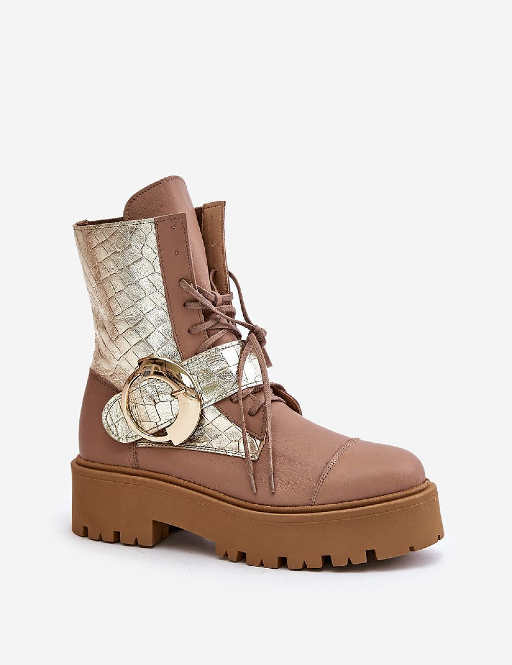 Bravora Leather Buckled Platform Boot with large buckle and side zipper on a chunky platform sole.