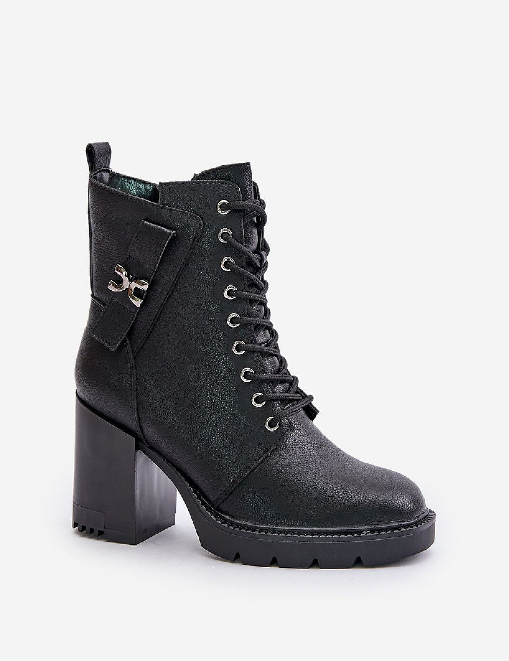 Noctera Luxe Zip-Up Heeled Boots in eco leather with block heel, gold-accented strap, and side zip for winter comfort and urban style.