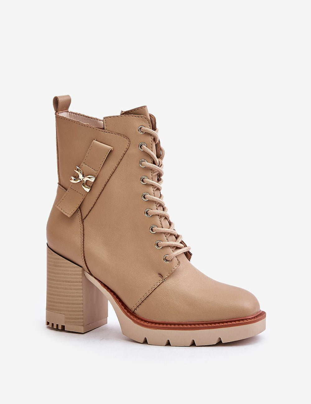 Noctera Luxe Zip-Up Heeled Boots in beige eco leather with block heel, gold-accented strap, and side zip for urban sophistication and comfort.