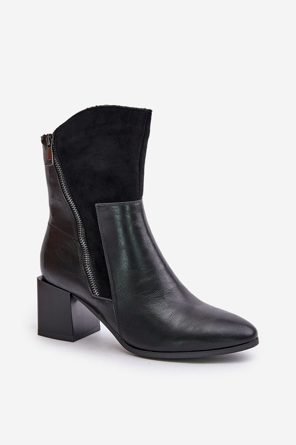 Verida Zip-Heel Winter Boots in eco leather with decorative zipper and stiletto heel, featuring insulated lining for warmth.